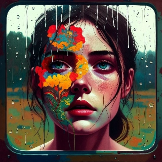 Melancholic staring at rain window portrait of young woman with vibrant multicolored flowers blooming on her face, evoking a dreamy introspective vibe