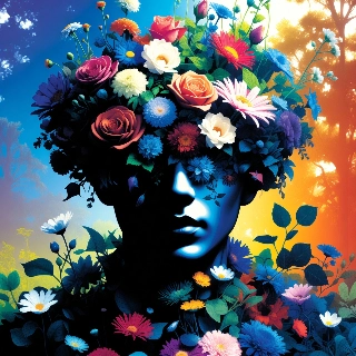 Mysteriesilhuetansigt i levende blomsterkrone