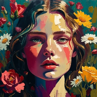 Oil Painting Portrait Woman with Flowers Thick Strokes