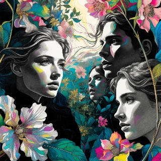Sketch drawing pencil textures of ethereal faces surrounded by colorful flowers, evoking dreamy mysterious vibe