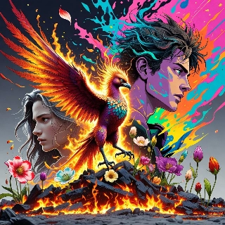 Phoenix rising flames and ash with intense teal-haired man and silver-haired woman profiles, mystical rebirth vibe amid flowers