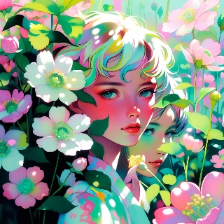 Indie kid high saturation playful profile picture featuring a vibrant anime-style youth with colorful hair surrounded by blooming flowers and lush greenery