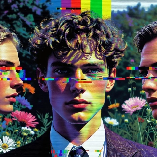 Retro VHS Glitch Portrait with Flowers