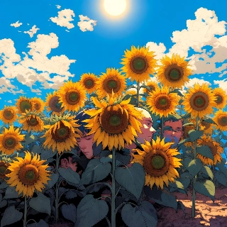 Nyugodt Anime Arcok Napraforgómezőn