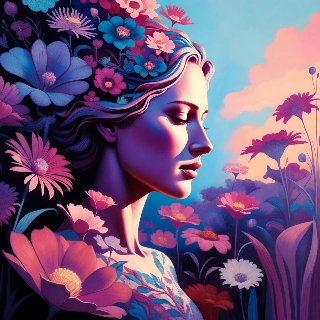 Peaceful meditation closed eyes profile of serene woman adorned with vibrant flowers evoking calm aesthetic vibe