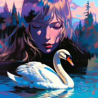 Aesthetic white swan calm lake portrait of serene blonde girl with closed eyes peaceful dreamy vibe