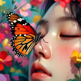 Butterfly on nose soft nature portrait of serene girl with closed eyes, surrounded by vibrant flowers, evoking peaceful and dreamy vibe