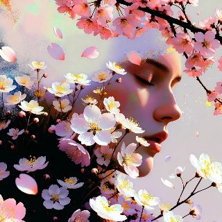 Cherry blossom pink petals falling around a serene woman's closed-eye profile in dreamy aesthetic vibe