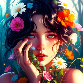 Shy Flower-Crowned Girl Peeking in Glowing Forest Art