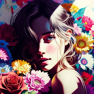 Shy Sweet Girl Hiding Face in Vibrant Flowers Art