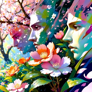 Cherry blossom pink petals falling around ethereal profile faces in a dreamy aesthetic, evoking serene and introspective vibes