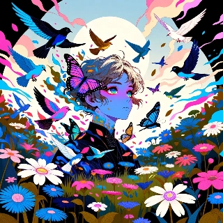 Surrealism flying objects dream profile picture featuring a serene ethereal figure surrounded by vibrant birds and butterflies in a fantastical nature scene