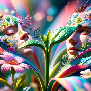 Surreal Floral Faces with Green Sprout and Dew