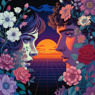 Synthwave-auringonlaskun kukkaprofiilien pikseliruudukko