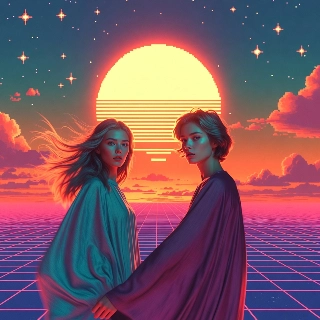 Synthwave Sunset Floral Profiles Pikselrutenett