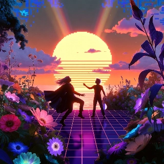 Synthwave sunset pixel sun PFP with dancing silhouettes amid neon flowers, evoking retro-futuristic dreamy vibe