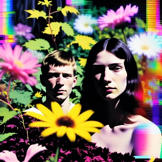 VHS Glitch Retro Couple in Flower Garden