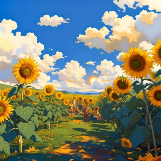 Vibrant Sunflowers Field Blue Sky Anime Style