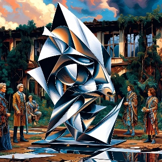 Escultura abstracta metálica en 3D en un patio de estilo vintage.
