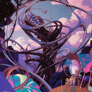 3D Metallic Abstract Sculpture in Vintage Scenery