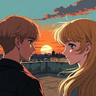 School life anime sunset rooftop PFP of a serene brown-haired boy and blonde girl gazing thoughtfully with warm emotional vibes