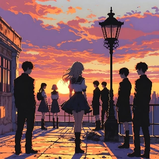 Anime School Students Sunset Rooftop Silhouettes