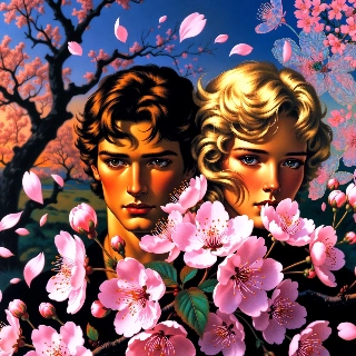 Cherry Blossom Pink Petals Falling Vintage Couple Portrait