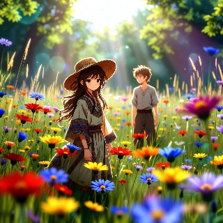 Cottagecore flower field PFP of serene anime girl in hat and dress with boy, soft sun rays evoking peaceful vintage scenery vibe