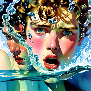 Water splash art crystal clear portrait of ethereal young face with wide eyes and open mouth amid dynamic splashes and bubbles