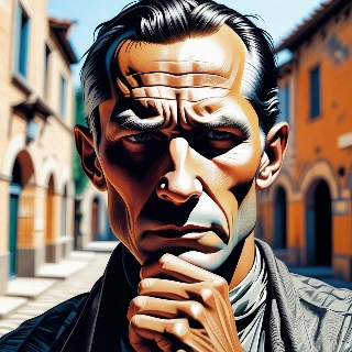 Deep Thinking Man Hand on Chin Vintage Scenery