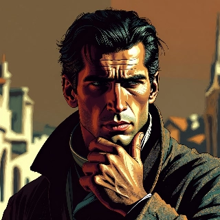 Deep Thinking Man Hand on Chin Vintage Scenery