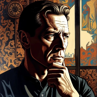 Deep thinking hand on chin serious man in profile, contemplative vibe with vintage ornate scenery and dramatic lighting
