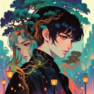Double exposure nature and human PFP of serene couple profiles fused with bonsai trees in neon cityscape vibe
