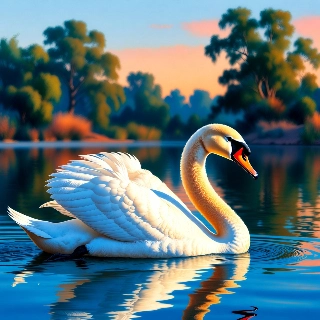Aesthetic white swan gliding serenely on calm lake, evoking peaceful vintage scenery vibe with soft sunset glow and detailed feathers