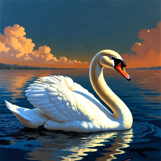 Aesthetic white swan gliding on calm lake, evoking serene elegance and peaceful vintage vibes in stunning sunset scenery