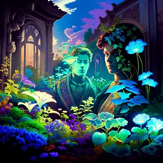 Bioluminescent plants glowing around serene ethereal young man and woman in vintage fantasy ruins, mystical enchanting vibe