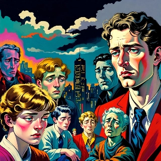 Exhausted but stylish city night PFP with weary diverse faces gazing from vibrant urban skyline