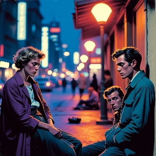Exhausted but stylish city night profile picture featuring a weary woman in purple coat and two brooding men leaning against urban wall under neon lights.