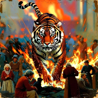 Fiery Powerful Tiger in Vintage Scenery Art
