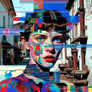 ภาพเหมือนศิลปะ Glitch ในฉากเมืองวินเทจ