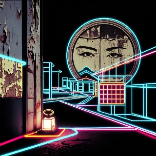 Glowing Neon Eyes in Vintage Clock Scenery Art
