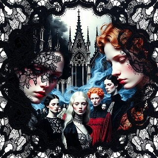 Gothic chic black lace mysterious profile picture featuring ethereal women with enigmatic gazes amid gothic cathedral spires and swirling mist