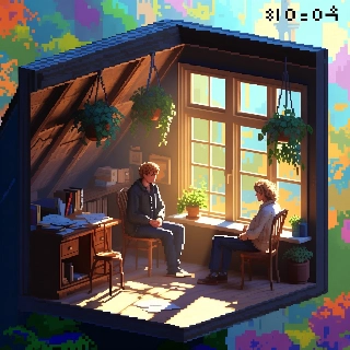 Izometrické pixelové útulné podkrovní místnosti Lo-Fi duo
