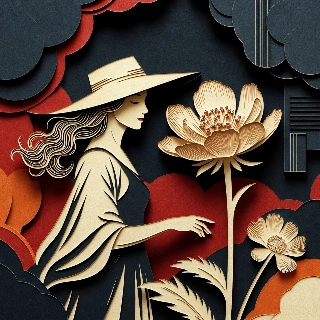 Layered Paper Cut Woman Hat Flower Art