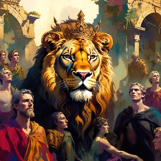 Majestic lion golden crown king in vintage scenery PFP, regal vibe with intense gaze amid ancient ruins and robed figures