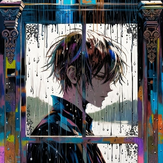 Melancholic Anime Boy Staring Rainy Window Vintage Art