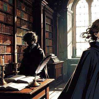 Mysterious Scholar Silhouette in Dark Academia Library