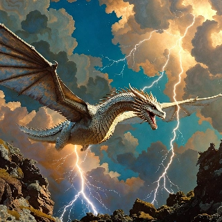 Mystical Dragon Soaring Amid Lightning Clouds