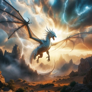 Mystical Silver Dragon in Lightning Clouds Vintage Art