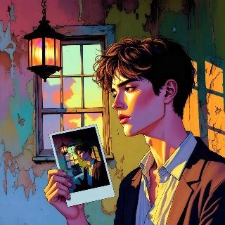 Nostalgic vibe young man holding old photo, profile in warm lantern light with wistful expression and vintage scenery background
